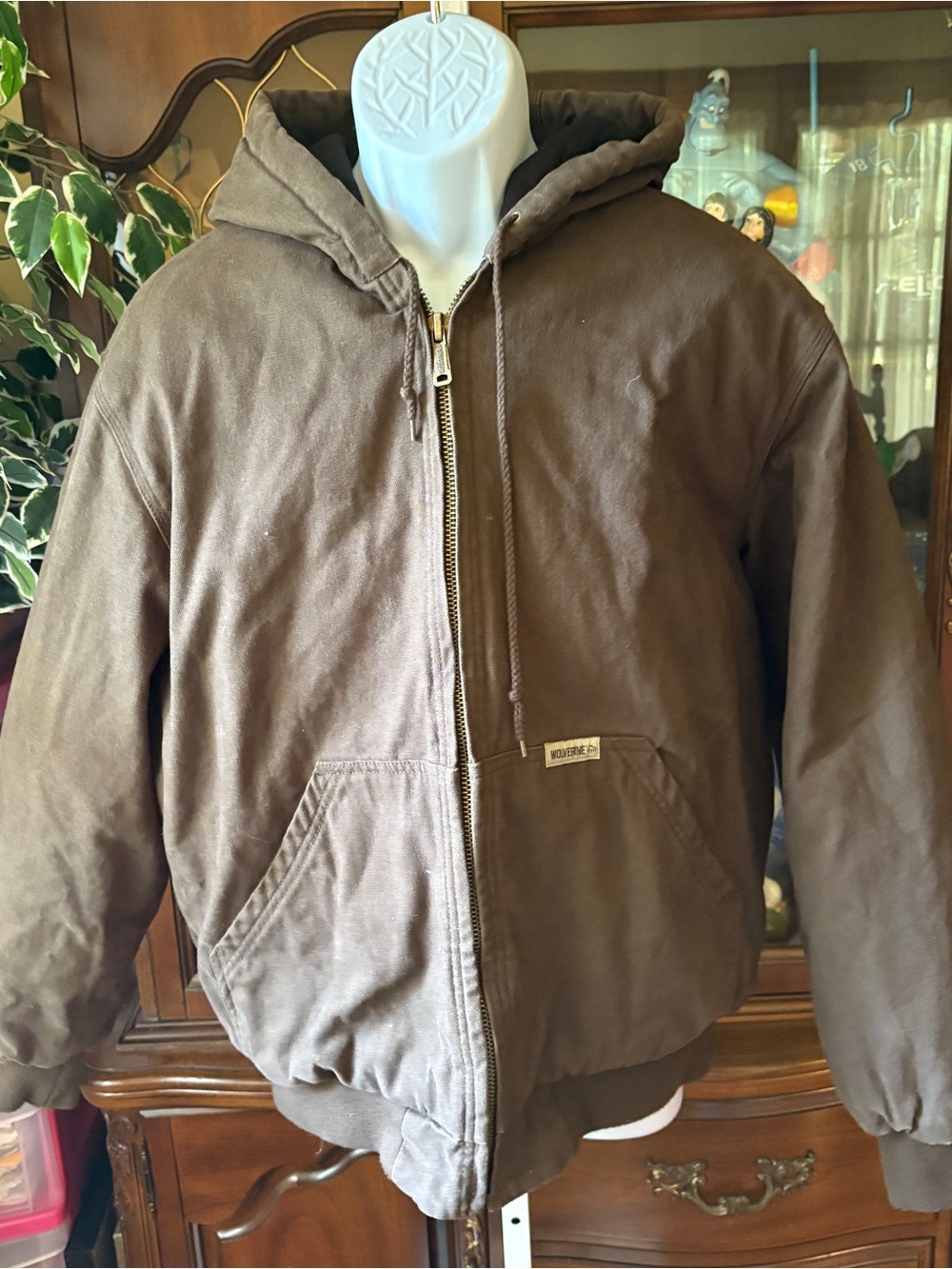 Wolverine Brown Duck Canvas Hooded Zip Fleece Lined Jacket Coat Work Mens Size L